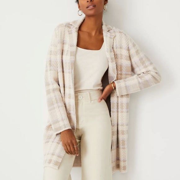 Ann Taylor Sweaters - Ann Taylor White Plaid Jacquard Cardigan